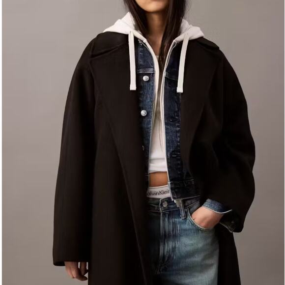 CALVIN KLEIN Wool Blend Wrap Coat Black Sz L NWT $669 - Picture 2 of 6